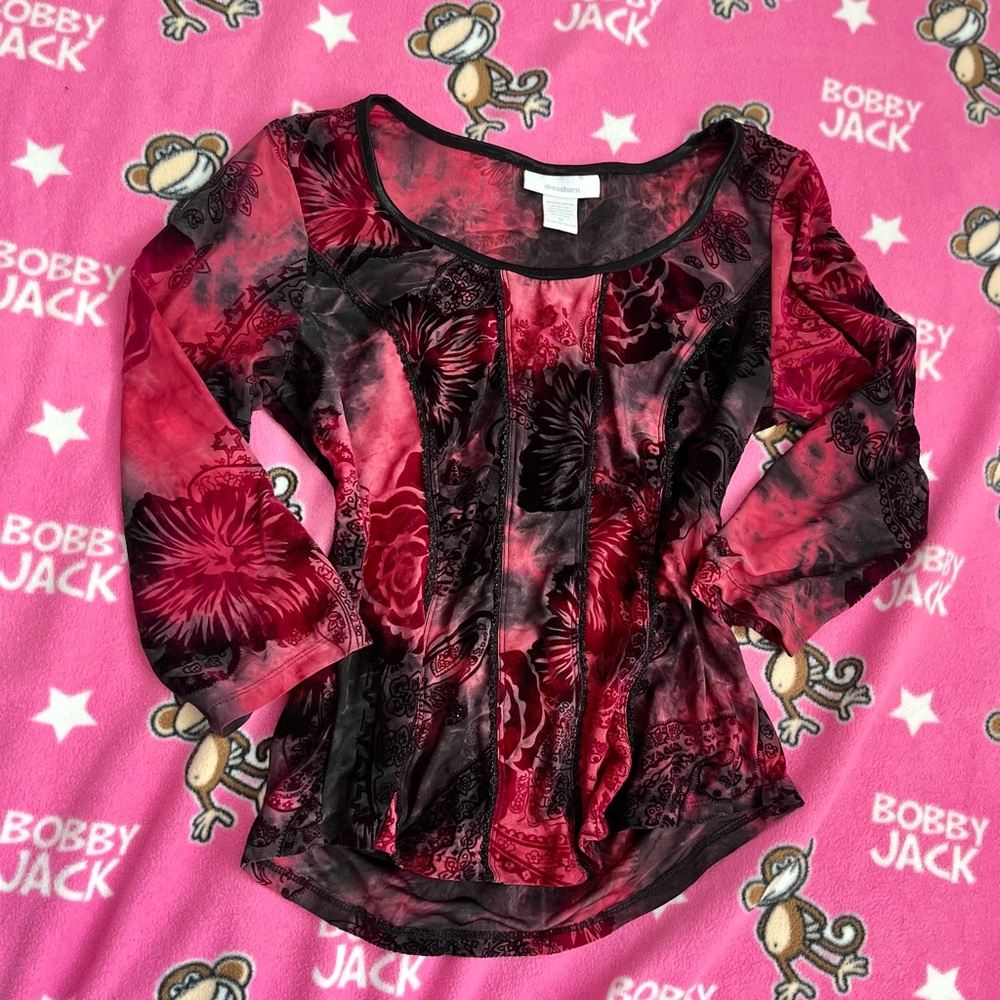 90s floral paisley print red and black tie dye top